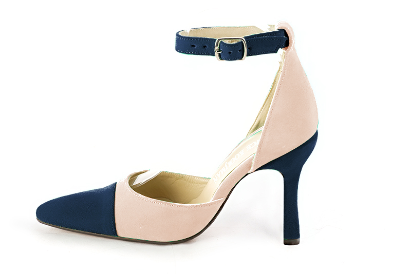 Navy blue and powder pink women's open side shoes, with a strap around the ankle. Tapered toe. Very high spool heels - Florence KOOIJMAN